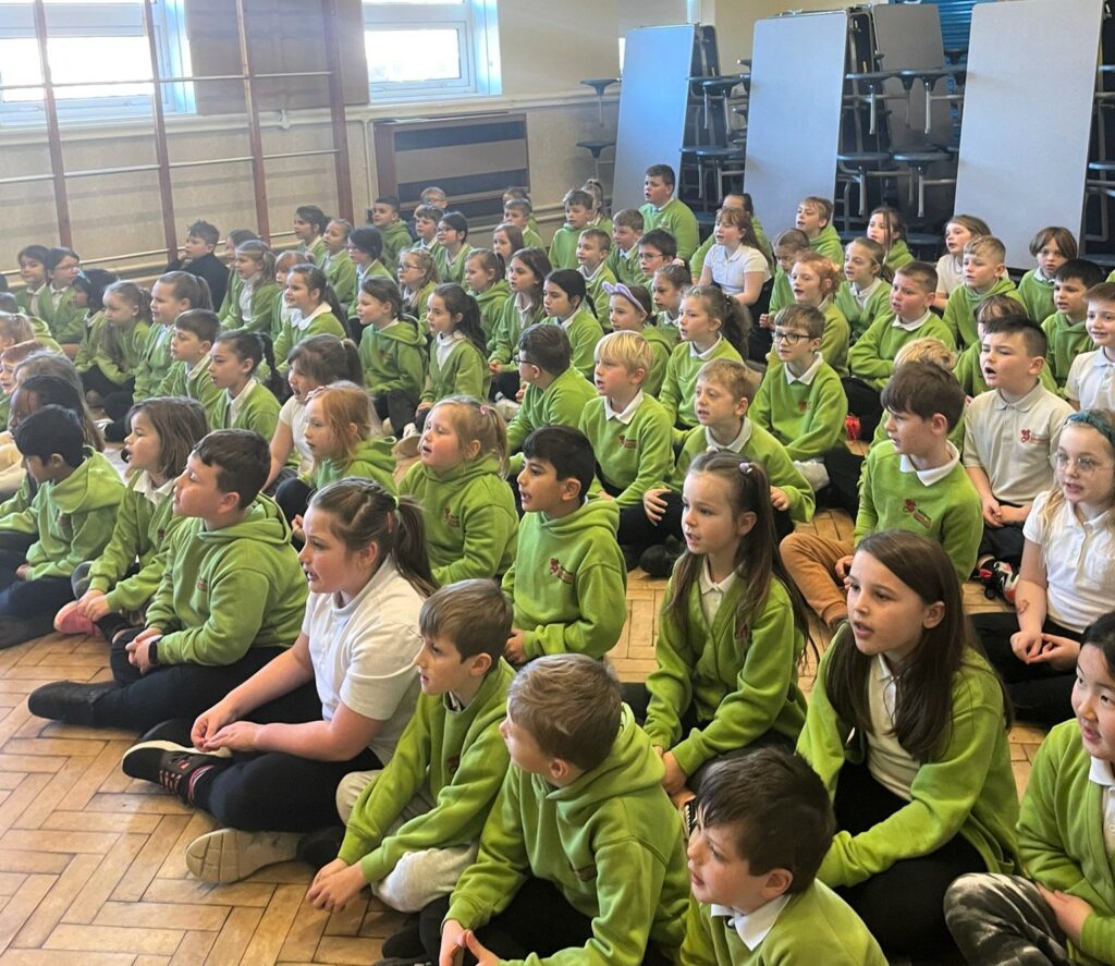 Pupils from the Stebonheath Primary School partaking in the recording of the Stebonheath School St David's Show