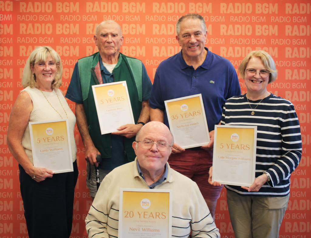 Radio BGM volunteers and trustees pose with their long service awards at the charity's Annual General Meeting. Pictured are Linda Williams (5 years), Kenneth Rees (5 years), Nicholas Heath (35 years), Gale Morgan-Williams (5 years) and Nevil Williams (20 years), celebrating their combined 70 years of service to the station.